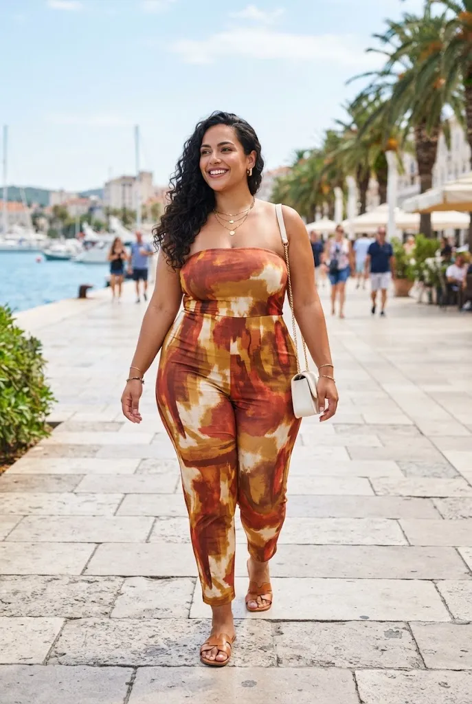 Plus size Latina outfit printed strapless jumpsuit and gold jewelry