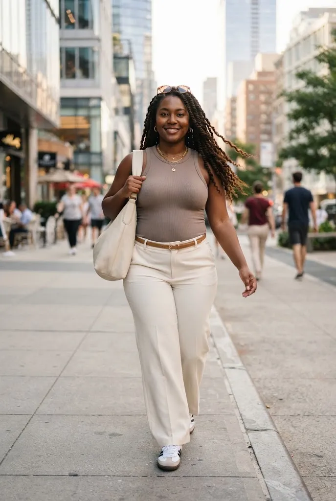 Plus size Afro-Latina outfit ribbed tank top and beige wide leg trousers