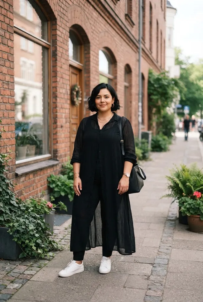 Plus size Latina outfit with sheer black maxi over fitted trousers