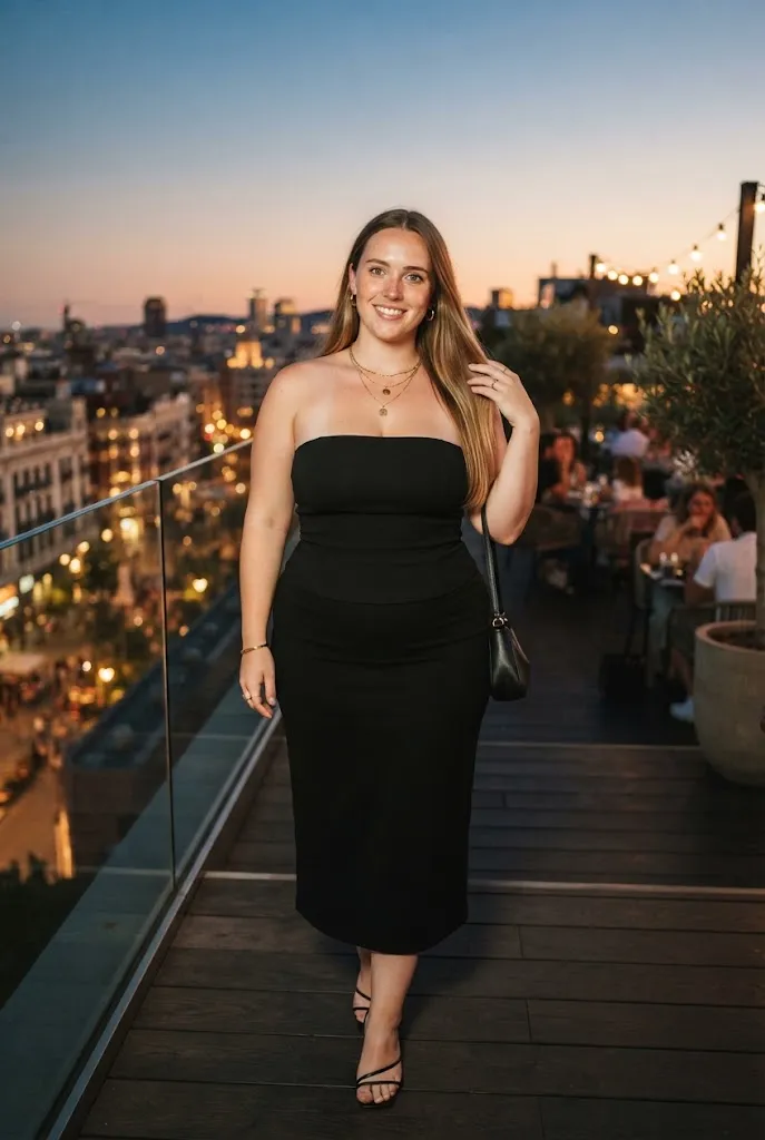 Plus size fair skinned Latina outfit strapless top with layered gold jewelry