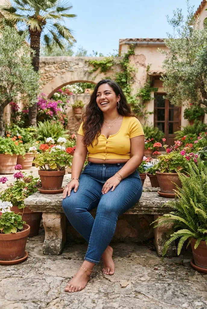 Plus size Latina outfit yellow crop top with high waisted jeans
