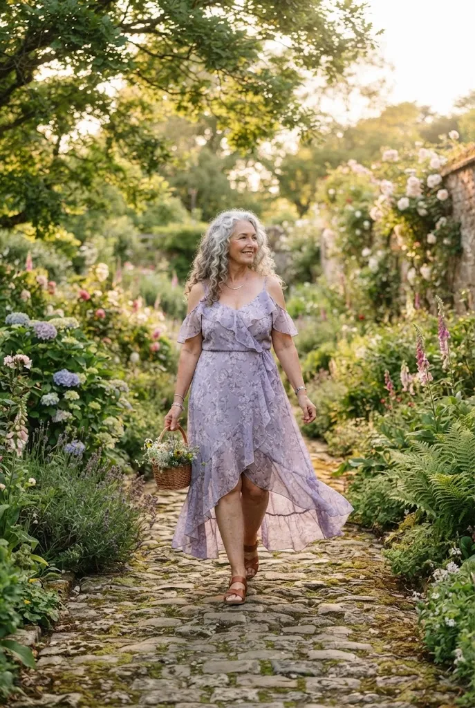 Plus size wedding guest in lavender cold shoulder high-low dress on garden path
