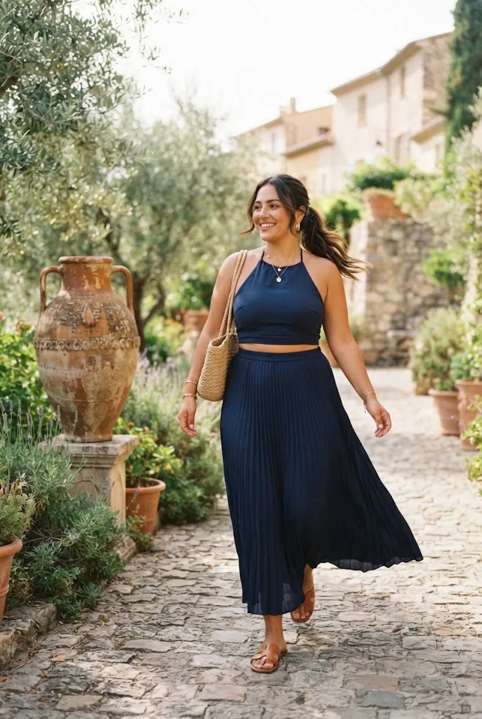 Plus size wedding guest outfit navy crop top and pleated maxi skirt set