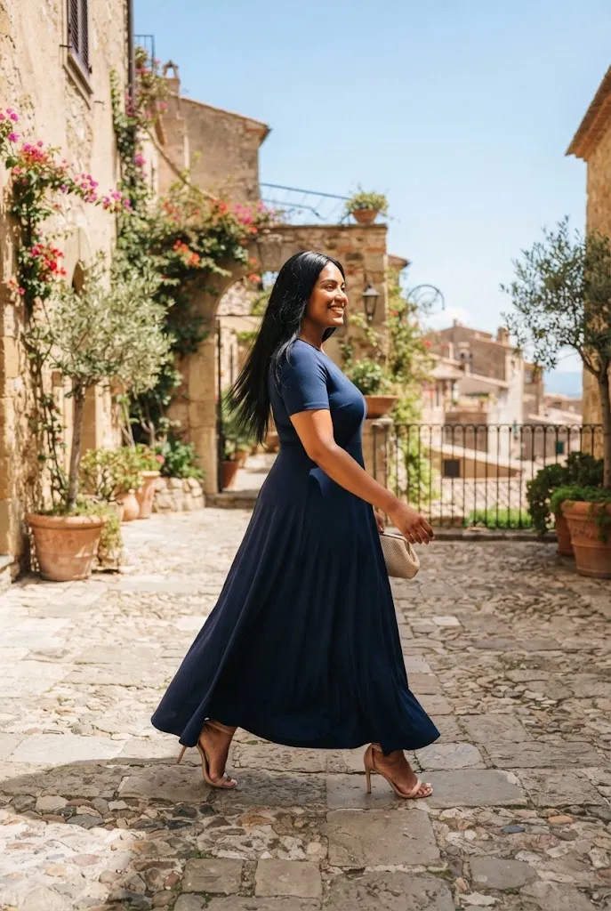 Plus size wedding guest in navy gown paired with nude strappy heels