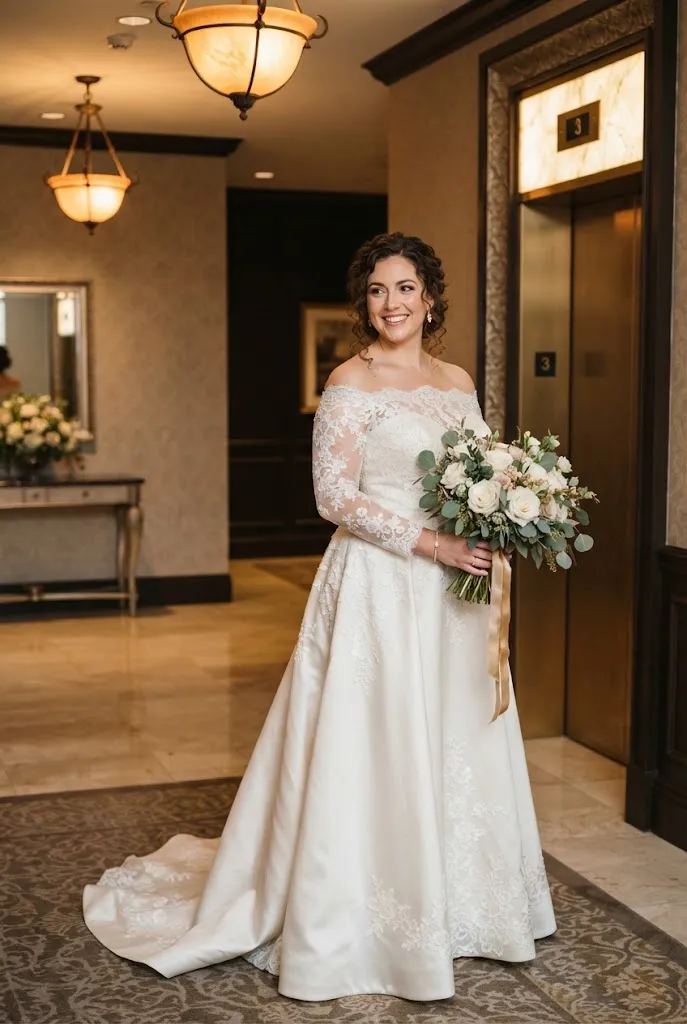 Plus size bride in off-shoulder lace wedding gown with satin skirt in hotel lobby