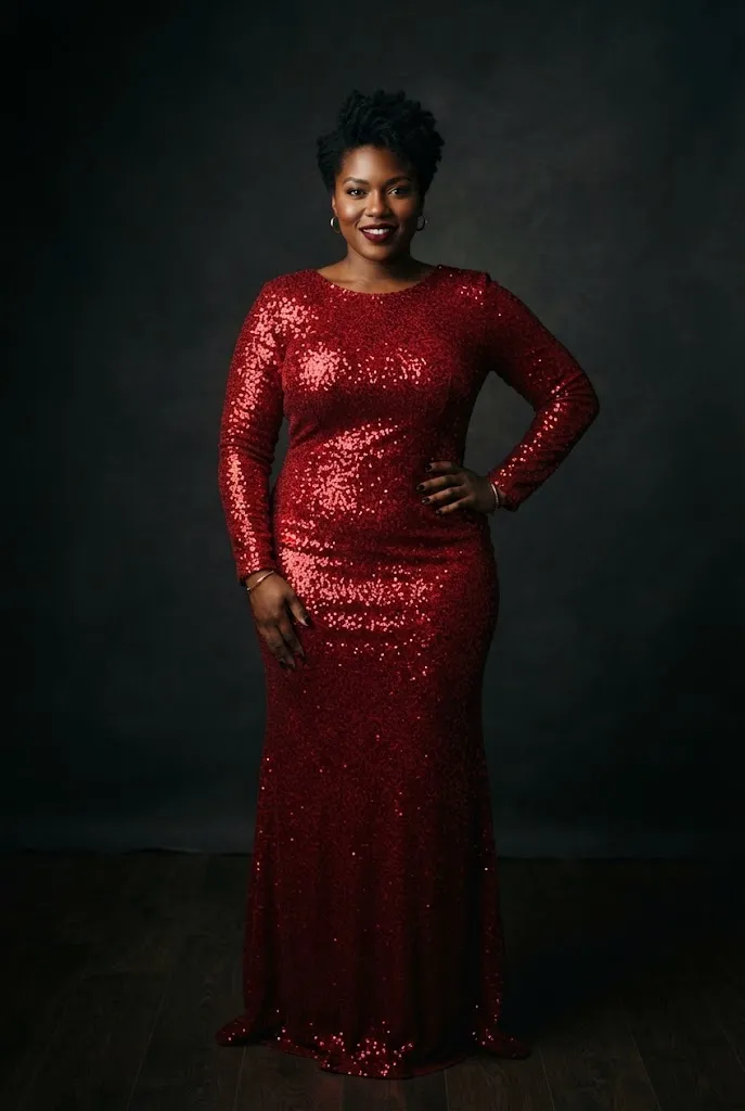 Plus size wedding guest in long sleeve red sequin evening gown