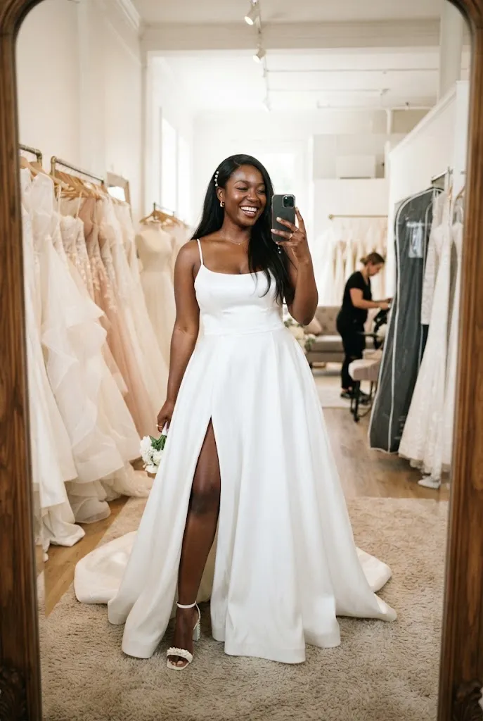Plus size bride trying on satin ballgown with slit in bridal shop mirror