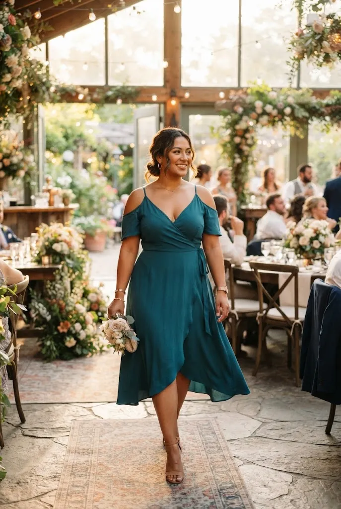 Plus size wedding guest in teal wrap midi dress with cold shoulder sleeves