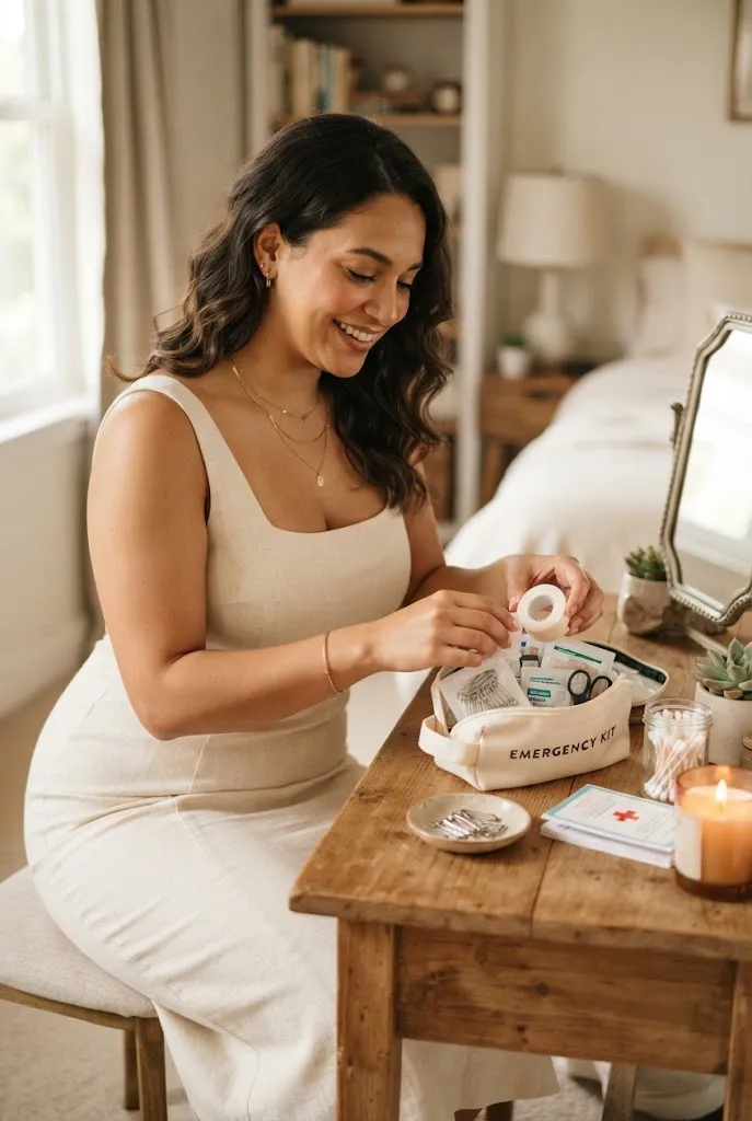 Plus size woman packing wedding day emergency kit with fashion tape and pins