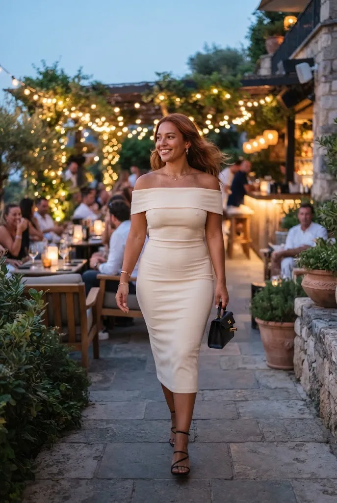 Plus size wedding guest holding small black clutch with cream dress
