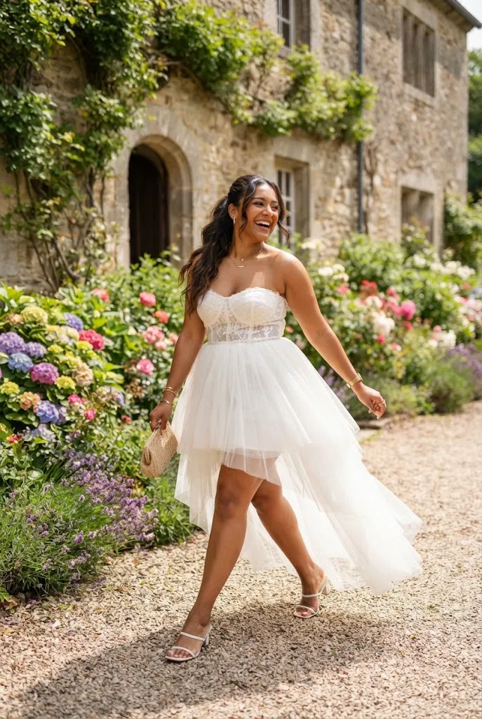 Plus size wedding guest in strapless white tulle high-low dress walking outdoors