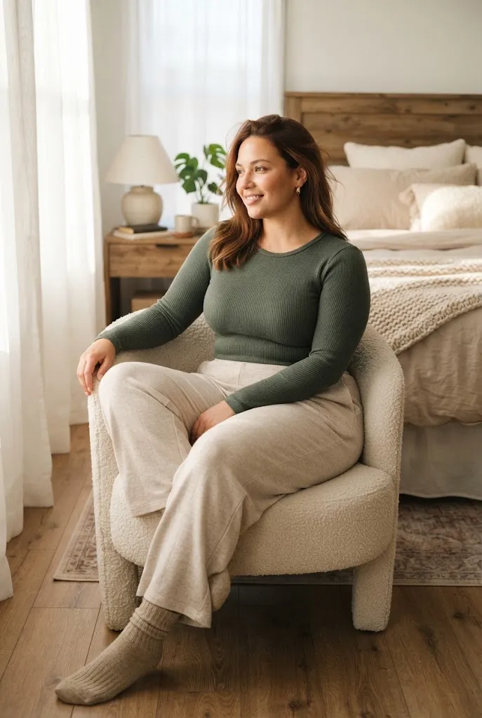 Plus size woman wearing wide leg lounge pants with a fitted knit top