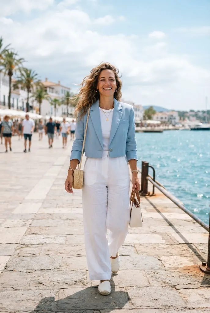 Woman around 30 wearing a powder blue cropped blazer with white linen trousers for summer