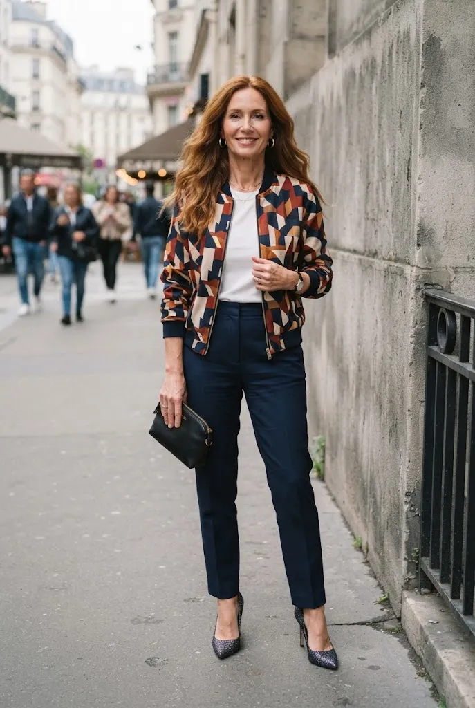 Woman over 50 in printed bomber jacket and navy trousers business casual spring look