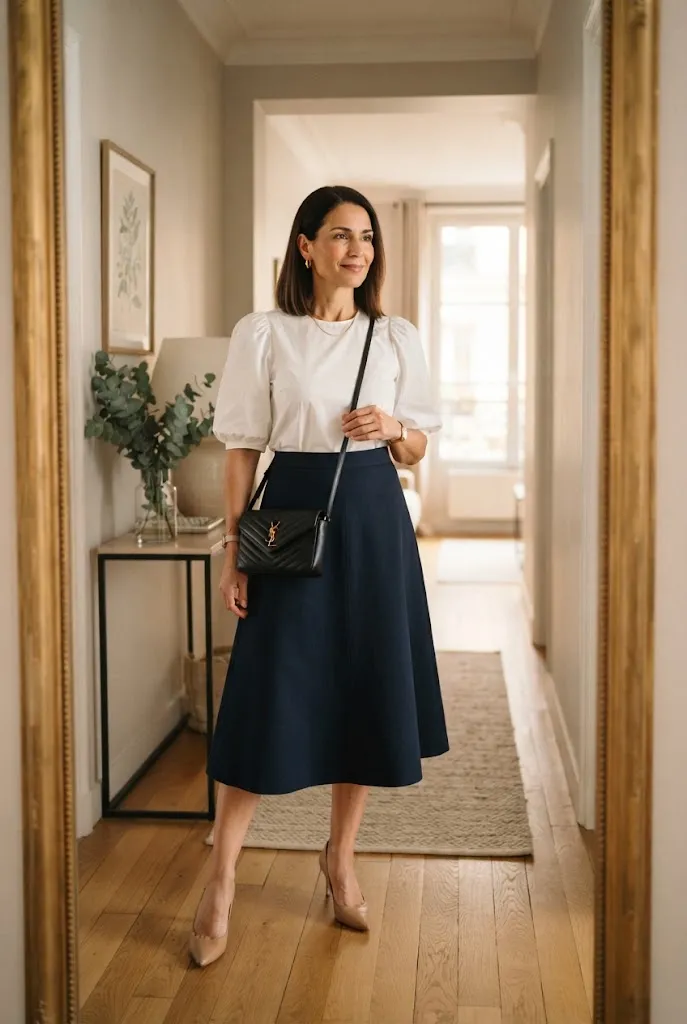 Woman over 50 in puff sleeve blouse and navy midi skirt office outfit