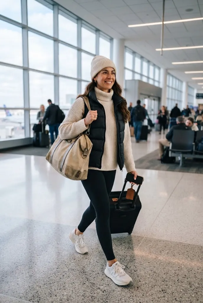 32 year old woman wearing a puffer vest, cream knit sweater, black leggings, and sneakers at an airport.