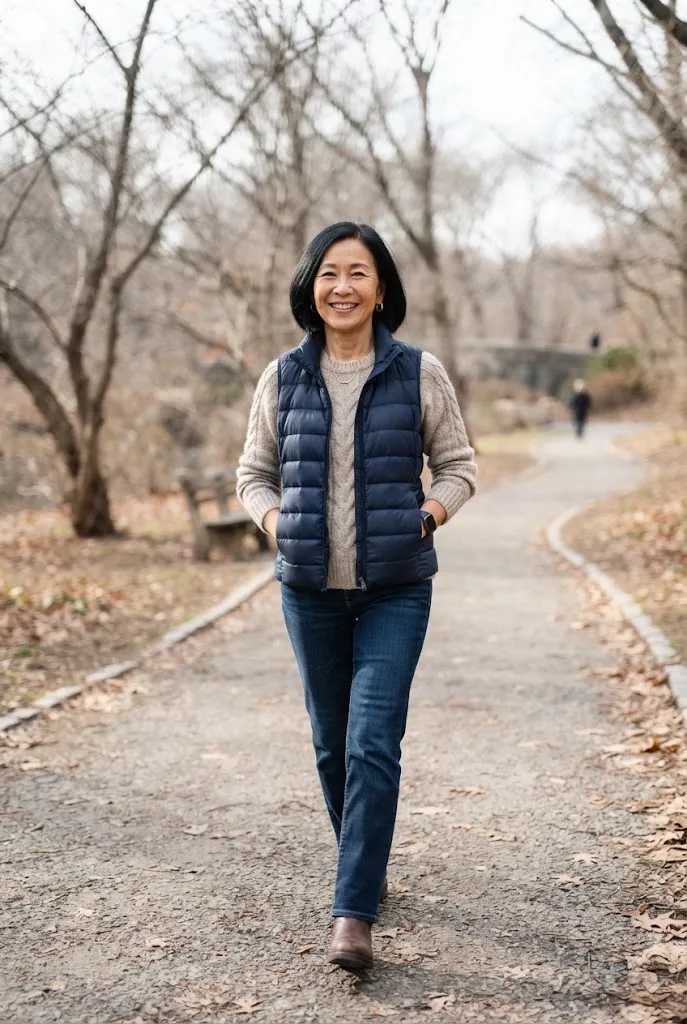 Asian woman over 50 layering a puffer vest over a sweater for winter