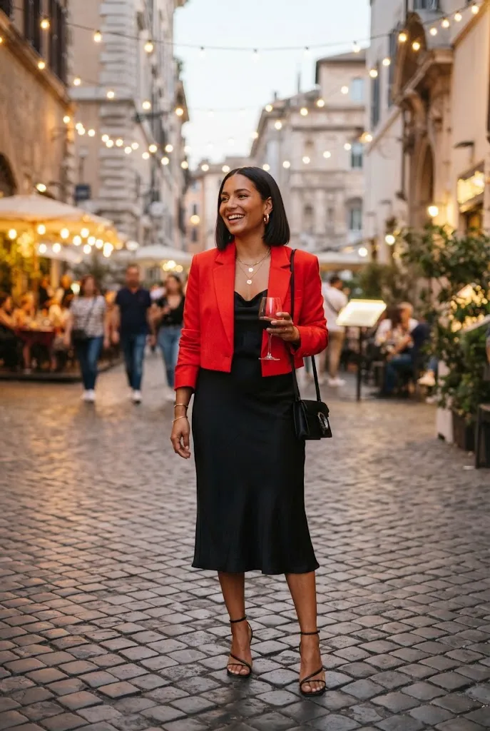 Woman around 31 wearing a red cropped blazer with a black slip skirt for date night