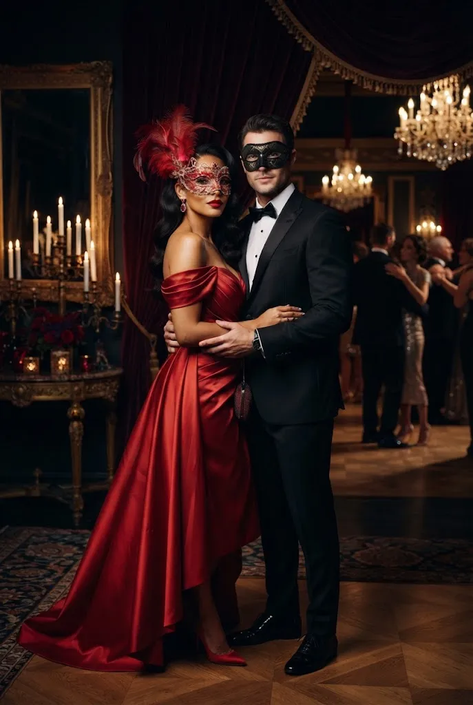 Red satin gown with a jeweled statement mask beside a black tuxedo at a masquerade ball.