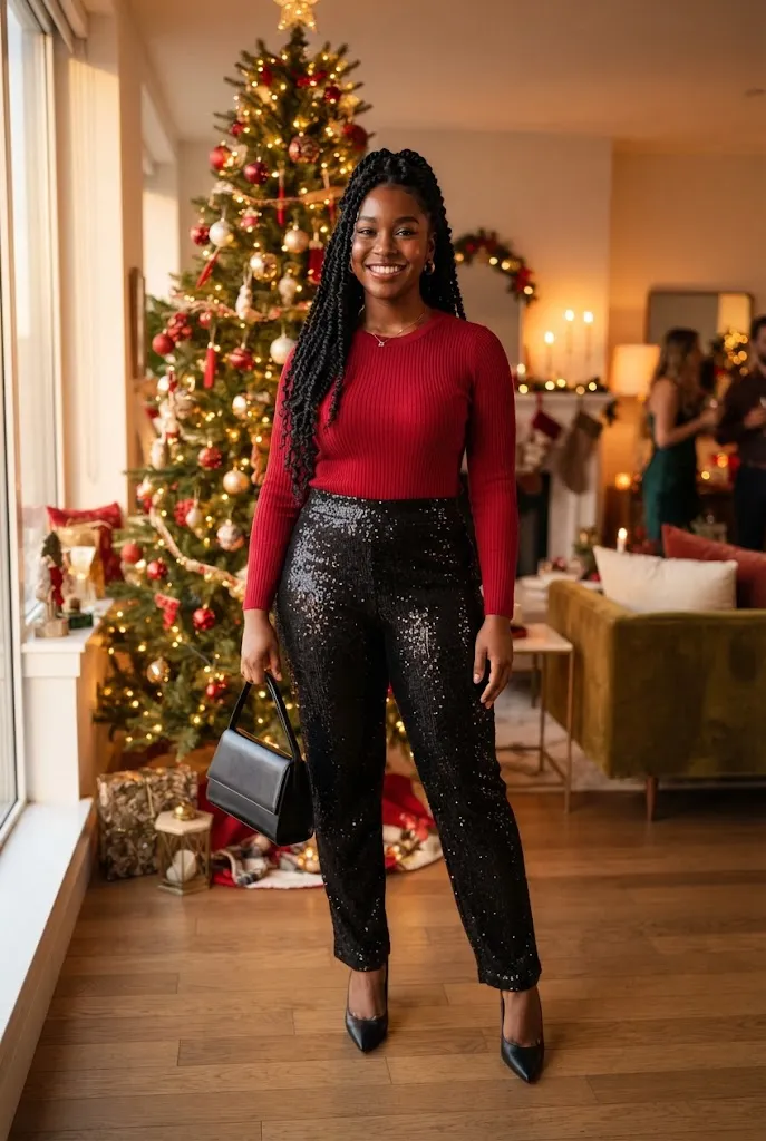 Young Black woman in red knit top and black sequin pants at Christmas