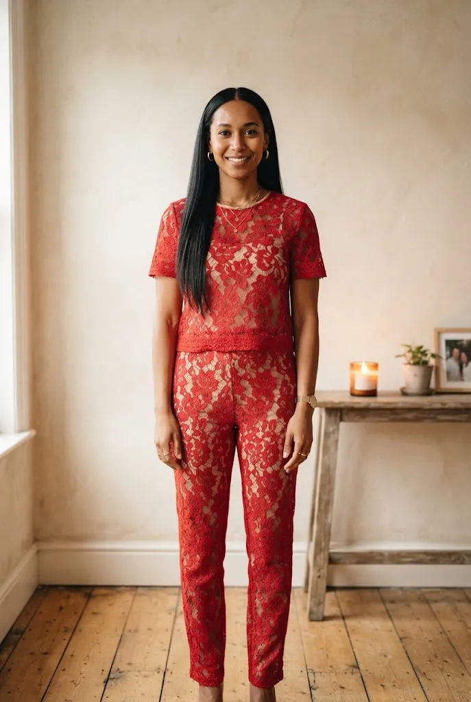 Woman in red lace two piece set for birthday outfit
