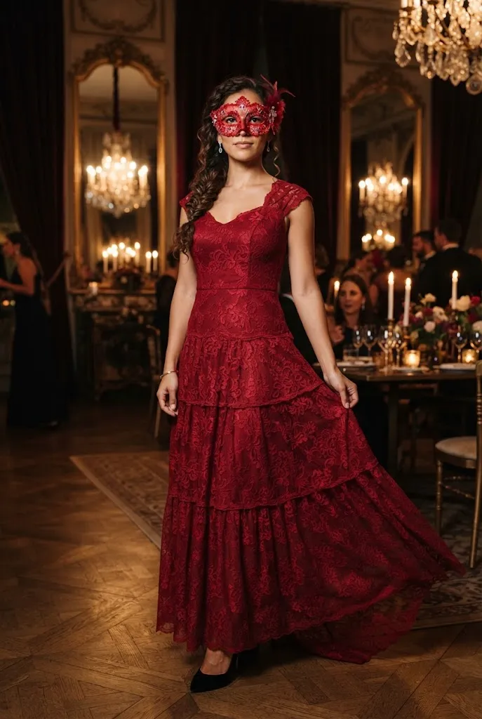 Mexican American woman wearing a red lace dress with an ornate red masquerade mask.