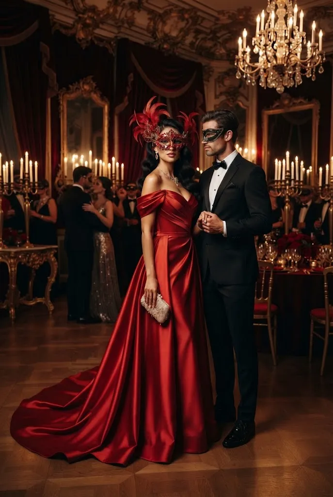 Red statement masquerade mask with a scarlet gown beside a classic black tuxedo.