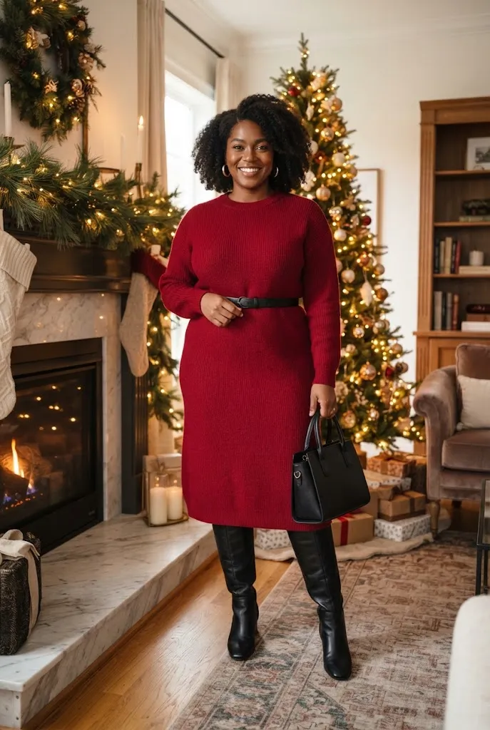 Plus size Black woman in red sweater dress and knee high boots