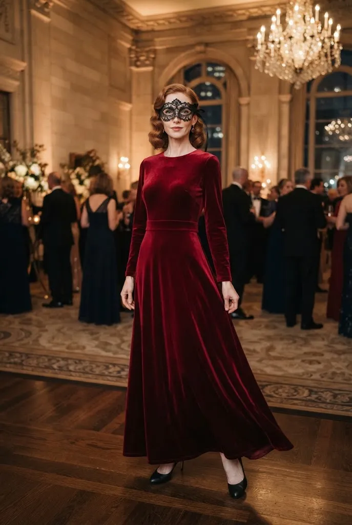 American woman wearing a deep red velvet maxi dress with a black lace masquerade mask.
