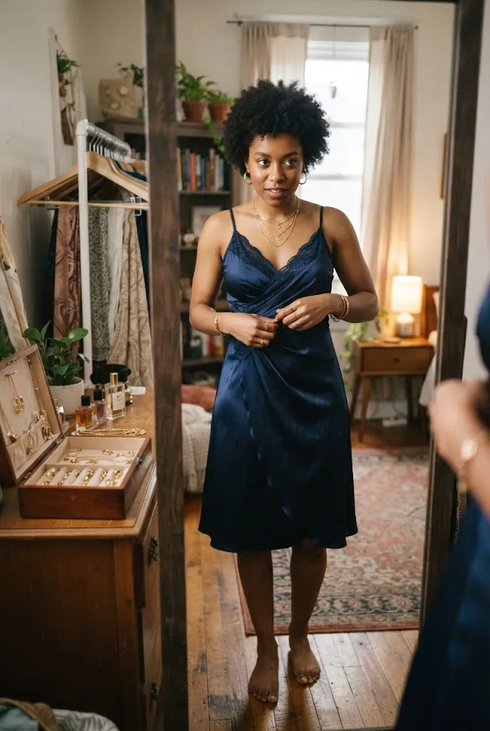 Young Black American woman restyling a navy bridesmaid dress with gold jewelry