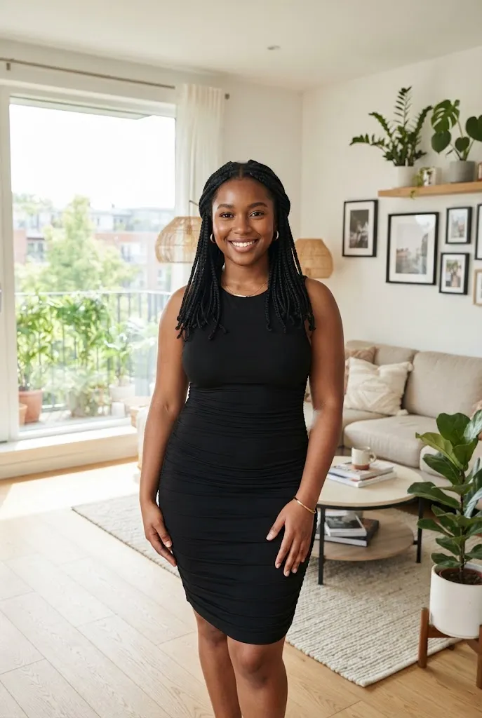 Curvy woman in a black ruched bodycon dress for date night