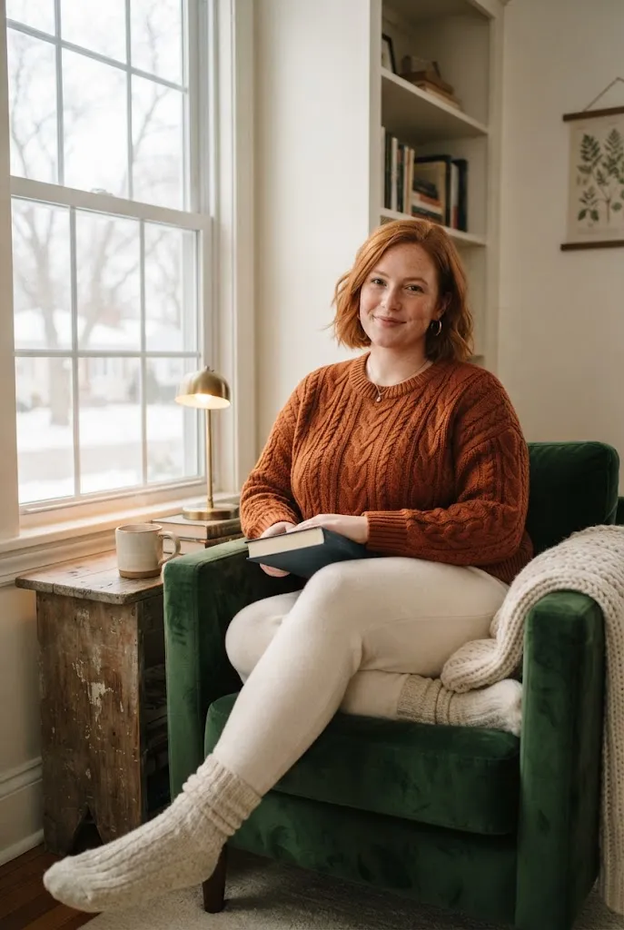 Plus size woman wearing a rust cable knit sweater with stretch lounge pants