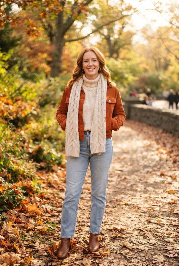 Woman around 33 wearing a rust cropped jacket with denim for a cozy fall outfit