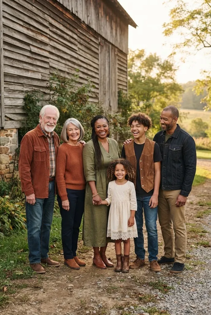 Multigenerational family wearing rust and olive tones at a rustic barn wedding