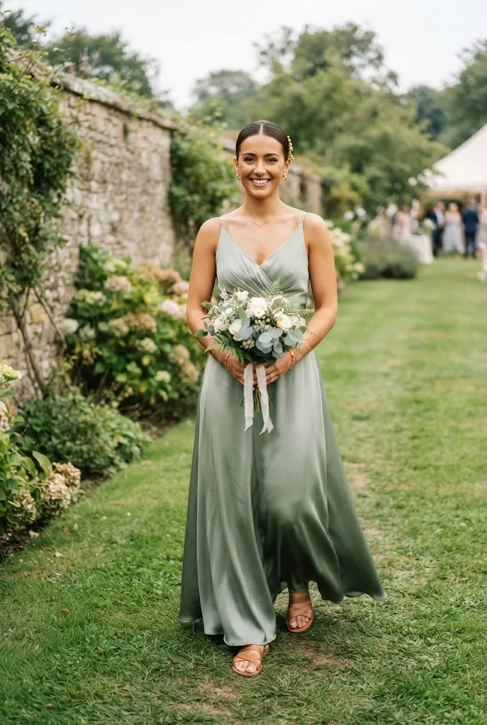 Bridesmaid in a sage green dress standing on a grassy outdoor wedding lawn