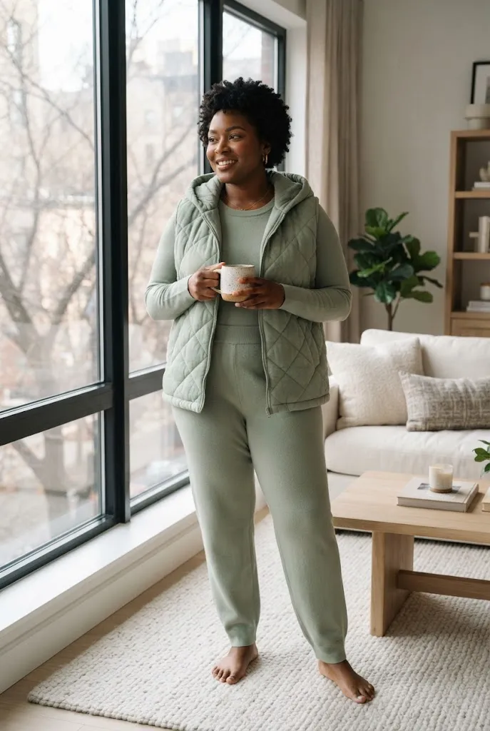 Plus size woman wearing a sage green lounge set with a cozy vest