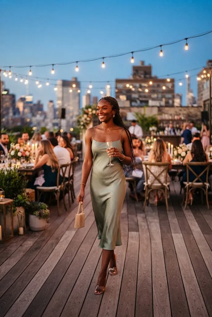 Young Black American woman in a sage satin slip dress at a rooftop wedding reception during golden hour