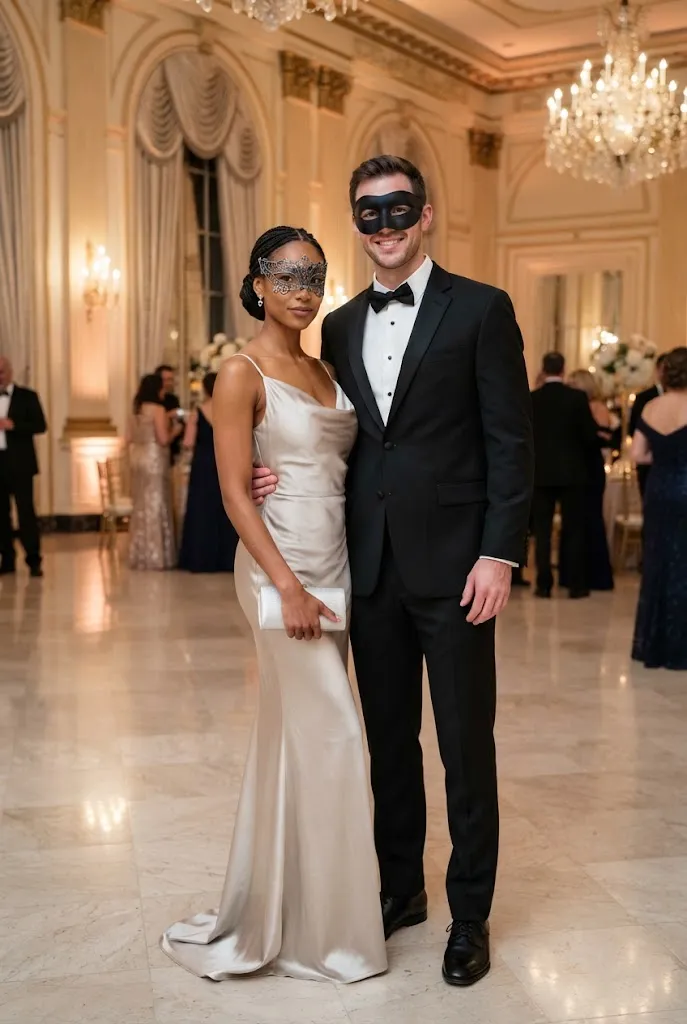 Satin evening gown and black tuxedo with elegant masquerade masks for a formal couple.