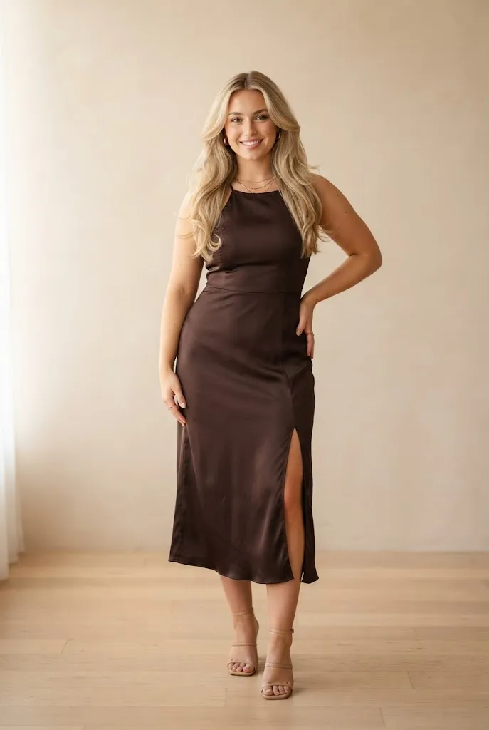 Curvy woman in a chocolate satin midi dress with side slit