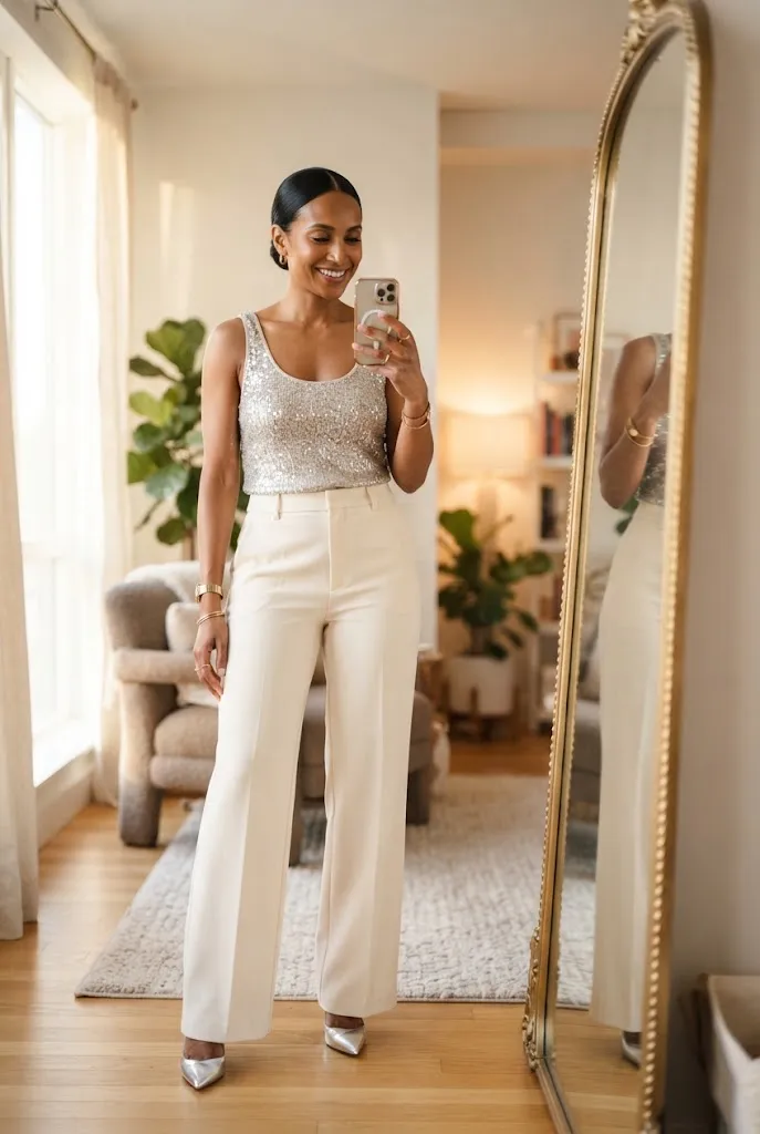 Woman in sequin top and cream trousers for birthday outfit idea