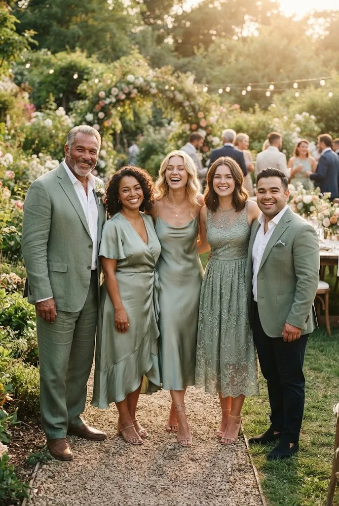 Family members in different sage green outfit styles standing together at an outdoor wedding