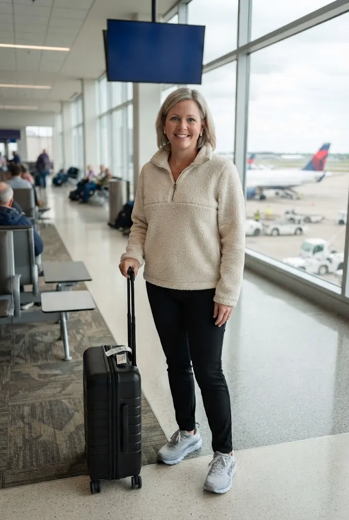 35 year old woman wearing a cream sherpa pullover with black travel pants and sneakers at an airport.