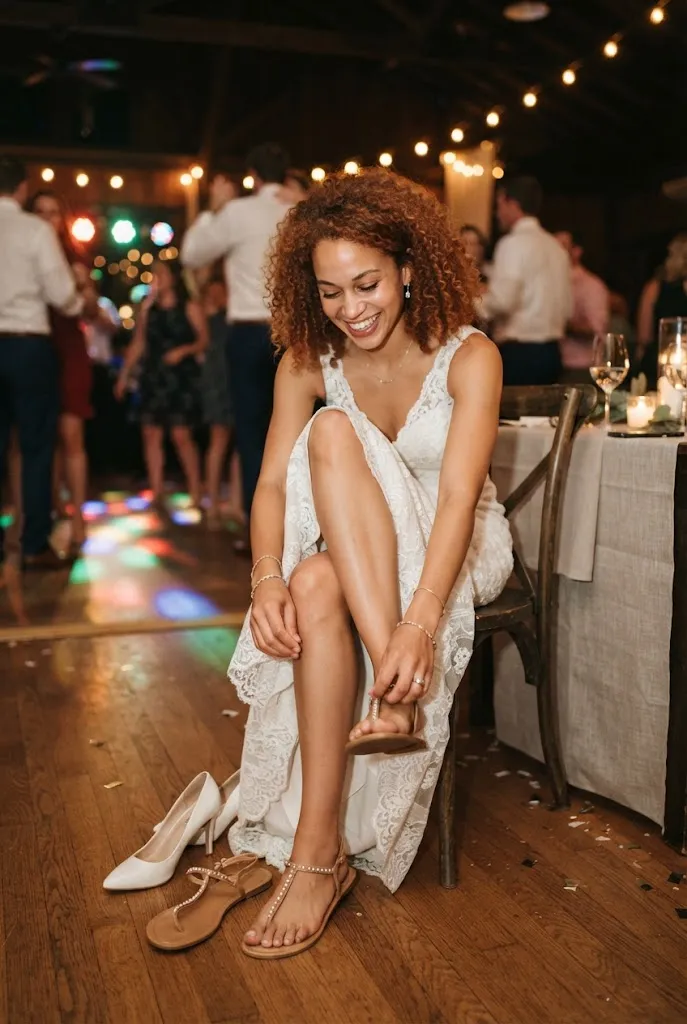 Young American woman swapping heels for flat sandals at a wedding reception
