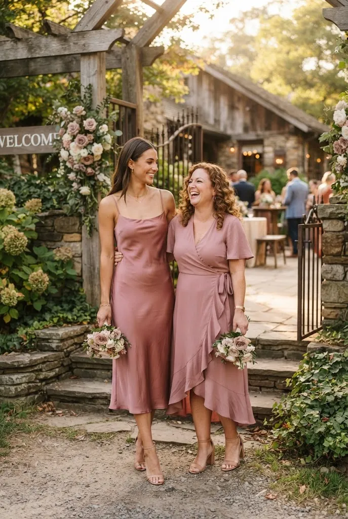 Two sisters in different dusty rose dress styles standing together at a wedding