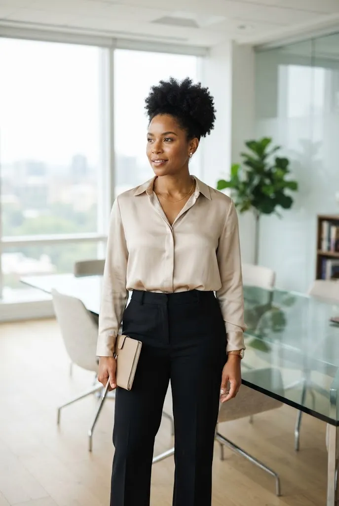 Black woman with a natural afro puff wearing a silk blouse in a conference room
