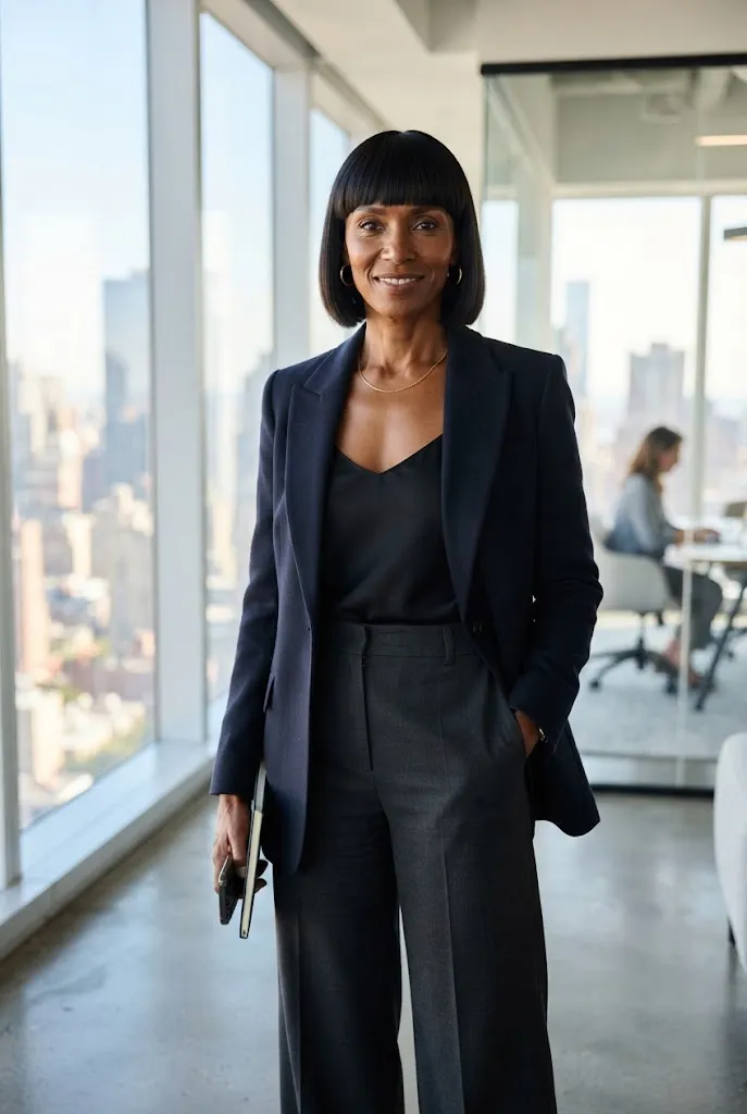 Woman over 50 in silk cami and blazer wide leg trousers outfit