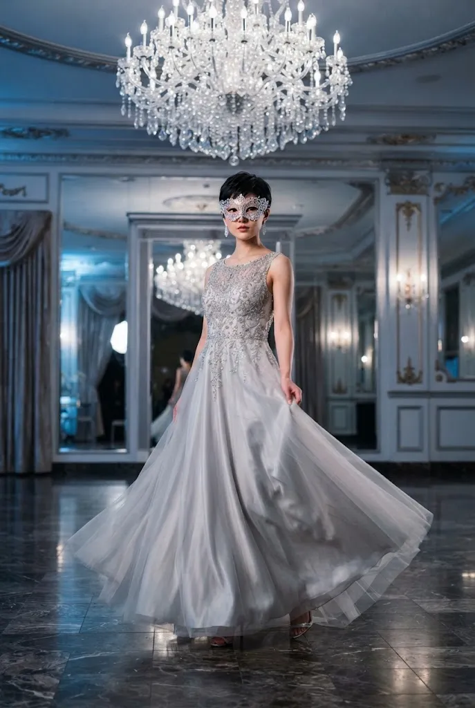 East Asian American woman wearing a silver embellished gown with a crystal masquerade mask.