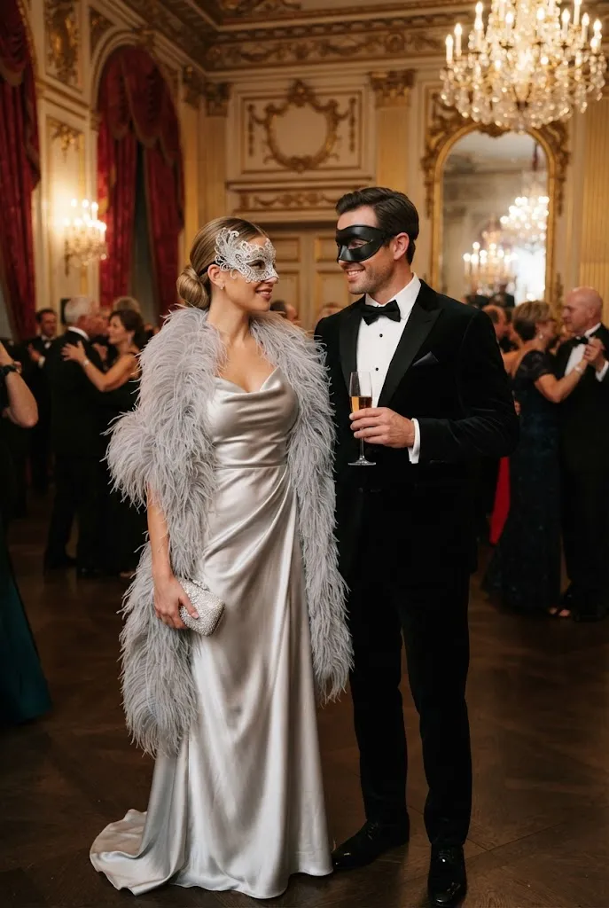 Silver satin gown with feather wrap beside a classic black tuxedo at a masquerade party.
