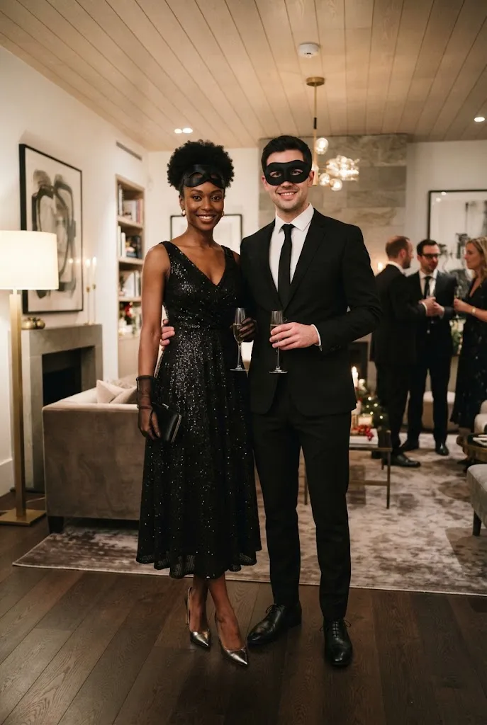 Simple black masks with polished evening outfits for a modern masquerade couple.