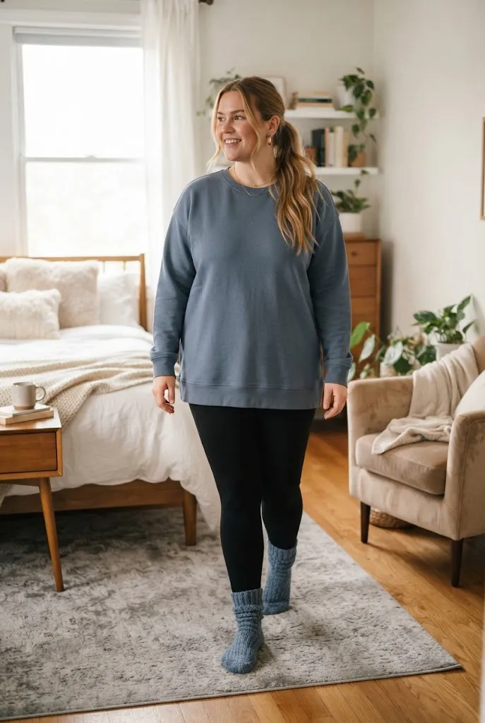 Plus size woman wearing a slate blue longline sweatshirt with leggings